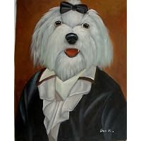 12X16 inch Animal Art Oil Painting White Dog Lady In Suit