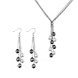 4-Strand Silver Bar Crystal Black/White Cultured Pearl Lariat with Black/White Dangle Earrings Set