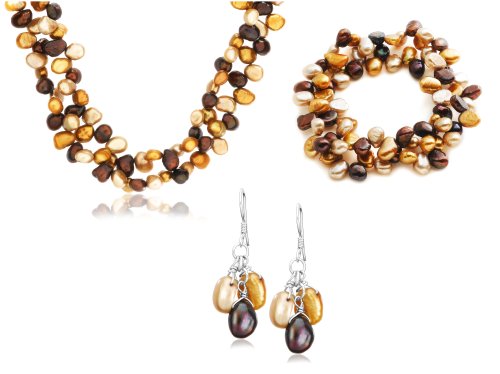 Sterling Silver Multi-Color Dyed Freshwater Cultured Pearl Necklace, Bracelet & Earring Set