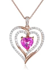 Sterling Silver Pink Gold Flash Plating Heart Shape Created Pink Sapphire Round Created White Sapphire Diamond Heart Pendant Necklace, 18"