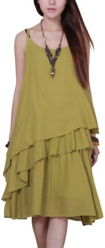 JHBL Women's Fashion Summer Pure Cotton Pleated Layered Strap Dress Yellow