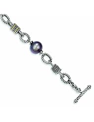 Sterling Silver with 14k Gold 9-9.5m FW Cultured Black Pearl 7.5in Bracelet - Antique Boutique - Vintage Style - Jewelry