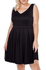 Plus Size Petite A-line V-neck Scuba/Knit Sleeveless Fit-and-Flare Cutout Pleated Fall Party Dress 