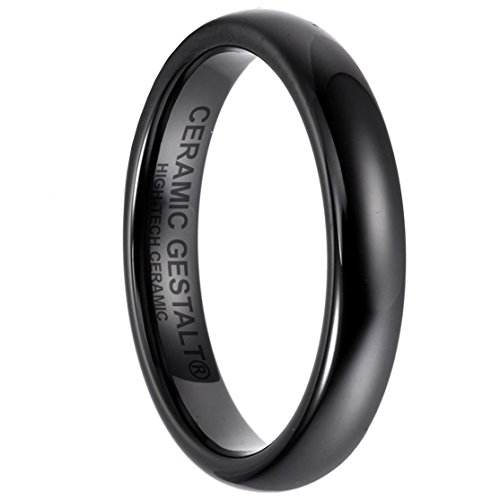 Black Ceramic Ring by CERAMIC GESTALT® - 4mm . Domed & Polished Design. (Size 5 to 14).