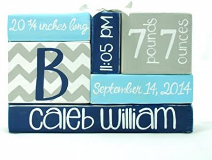 Blue Chevron Mod Nursery Baby Birth Stat WoodenBlock Shelf Sitter Stack