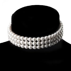 3 Tier Glass Pearl Collar Necklace In Silver Plating (Snow White)