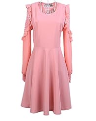 Polyester Bubble Dress Flared-Skirt Long Sleeves Spring Lace  Belted Tunic  With a Bow(s)