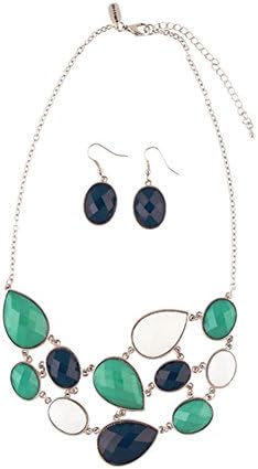 Kristine Accessories Between the Lines Blue Multi Teardrop Necklace and Earring Set Black/White