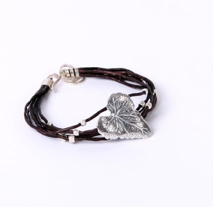Handmade Leather Wrap Bracelet with Sterling Silver Heart Leaf Design Ð Metallic Brown Leather Color