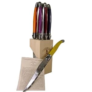 Multi Color Handles Laguiole Jean Dubost steak knives in wood block set of 6