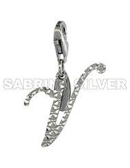 Sterling Silver Script Initial Letter V Alphabet Charm Diamond Cut Finish and Lobster Lock Clasp, 3/4 inch
