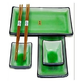 Buy 6 Piece Japanese Sushi Plate Set w  Chopsticks - Green Crackle