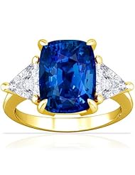 14K Yellow Gold Cushion Cut Blue Sapphire Three Stone Ring