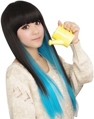 Oplaza Black + Light Blue Color Long Straight Wigs Hair Fashion Lady Sexy Fun Cosplay Japanese Fiber
