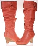 Naughty Monkey Boot E Collins Stacked Heel Leather Slouch Boots Brick Red