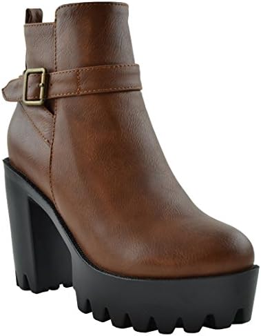 Womens Ankle Boots Lug Sole Chunky Heel Buckle Casual Shoes Tan SZ 6