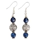 Handmade Navy Blue Crystal & Antiqued Silver Beaded Earrings