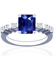 Platinum Emerald Cut Blue Sapphire Ring With Sidestones