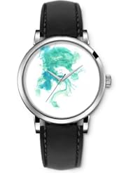 SPRAWL Aanalog Fashion Series Silver Ladies Watches of Genuine Black Leather Strap,Unique Wrist Watch for Women Girls Designed with Greenish blue spot