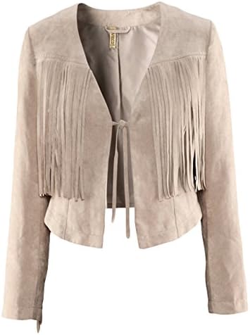 H-DY Women's Fashion Faxu Leather Bowknot Tie Tassels Cropped Jacket Coat Beige M
