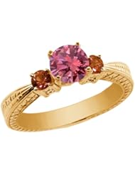 1.01 Ct Round Pink Diamond White Sapphire 18K Yellow Gold 3-Stone Ring