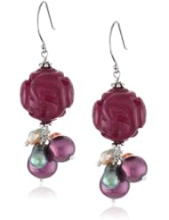 Multi-Color Freshwater Cultured Pearl and Carved Serpentine Bead Sterling Silver Earwire Drop Earrings