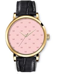 SPRAWL Aanalog Fashion Series Gold Ladies Watches of Genuine Black Leather Strap,Unique Wrist Watch for Women Girls Designed with Bows and dots on pink background