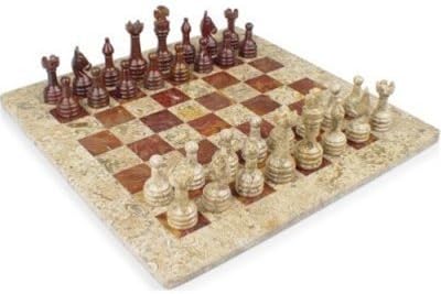 15" White Marble &amp; Red Onyx Alabaster Chess Set - Free Velvet Gift Box