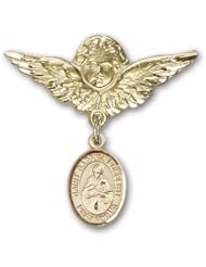 14K Gold Baby Badge with St. Gabriel Possenti Charm and Angel with Wings Badge Pin