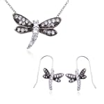 Rhodium Plated Sterling Silver Created White Corundum Dragonfly Pendant, 18" and Earring Set