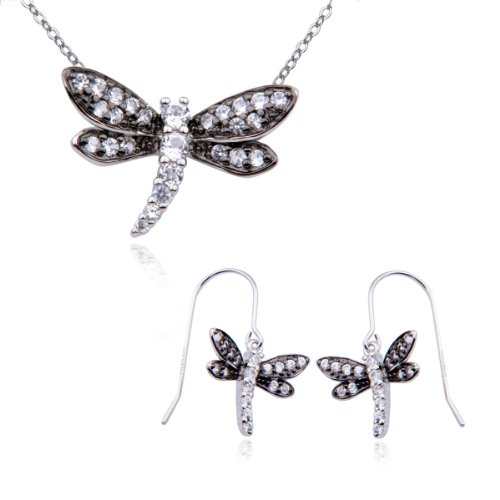 Rhodium Plated Sterling Silver Created White Corundum Dragonfly Pendant, 18" and Earring Set