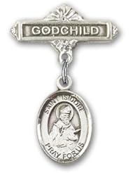 Sterling Silver Baby Badge with St. Isidore of Seville Charm and Godchild Badge Pin