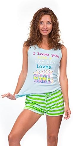 Lady 2 Pcs Pajama Sets Green Stripes with Pink Short & " I Love You " Aqua Top (Medium)