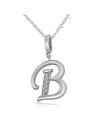 Diamond Initial B Charm Pendant in Sterling Silver (16in to 18in Adjustabel Chain)