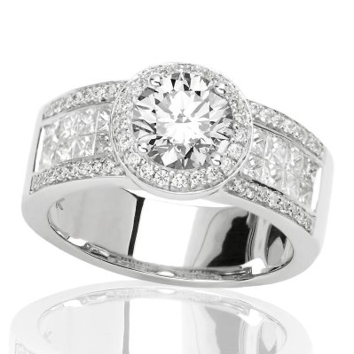 Halo Style Pave Set Round And Channel Set Princess Cut Diamond Engagement Ring with a 0.91, F, , SI1, GIA, Certified