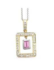 Twin Rectangular Shaped Diamond Pendant In 18K Yellow Gold With A 0.65 ct. Genuine Pink Tourmaline Center Stone.