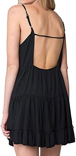Superfish Women Sexy Open Back Spaghetti Strap Shift Dress Ruffled Hem Black