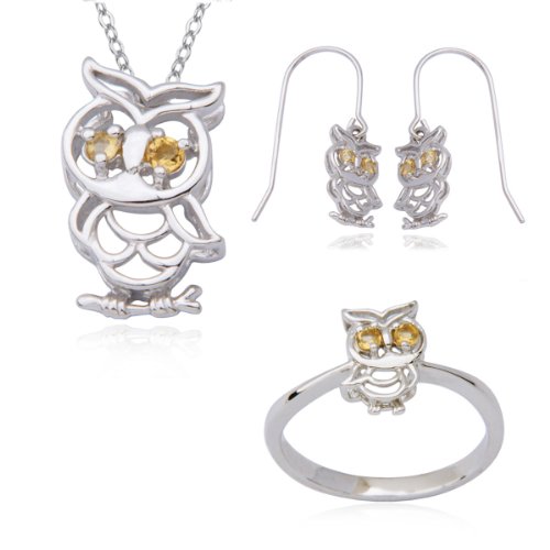 Sterling Silver Rhodium Plated Sterling Silver Genuine Citrine Owl Pendant, 18″, Earring, and Ring Set