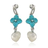 Sterling Silver Chinese Turquoise Flower and Mother-Of-Pearl Drop Earrings