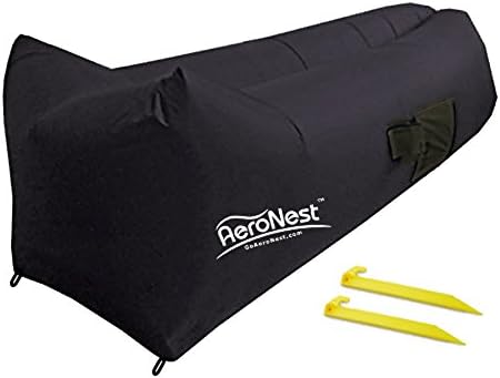 Portable Inflatable Air Lounger with Pockets Headrest and Ground Stakes By AeroNest (Black, Headrest)