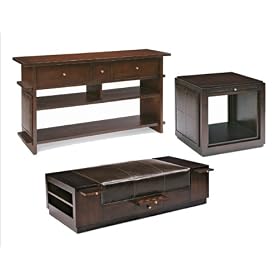 Bernhardt Furniture Sale State Street Storage Cocktail Table Set with Cube End Table in Dark Merlot