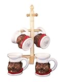 4pc COFFEE MUGS W/WOOD RACK BLACK CHEF /AUNT JEMIMA