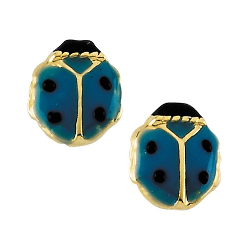 14K Yellow Gold Children's Turquoise Enamel Ladybug Earrings
