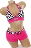 Sexy Checkered Pink Boyshorts Nascar Race Car Style Bikini Triangle Halter Top Racer Swimsuit