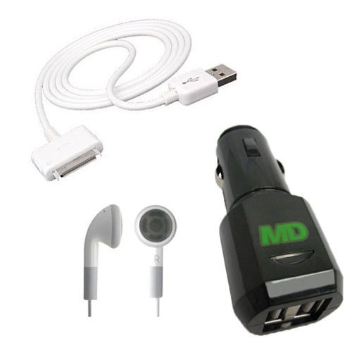 Malcom Distributors Black Dual USB Port Socket Cigarette Lighter DC Car Charger Adapter with USB Dock Connector and Apple Headphones Handsfree Headset with Jack Mic for Apple iPhone 3G 3Gs iPad iPod
