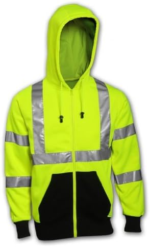 JOB SIGHT S78122.SM ANSI 107 Class 3 Hooded Sweat Shirt with Zipper Closure and 2 Pockets, Small, Fluorescent Yellow/Green