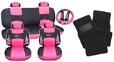 17pc Flames HOT Pink and Black Type R Racing Low Back Seat Covers with Head Rest Covers, Bench Cover with Head Rest Covers and Steering Wheel Cover with Shoulder Pads and a SET of Floor Mats