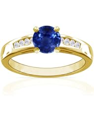 18K Yellow Gold Round Cut Blue Sapphire Ring With Sidestones