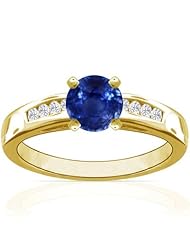 14K Yellow Gold Round Cut Blue Sapphire Ring With Sidestones