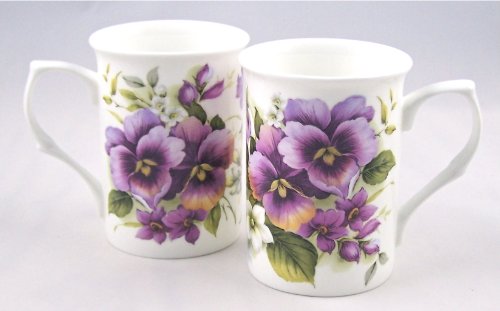 Pair Fine English Bone China Mugs Pansy Wrap Chintz On Sale